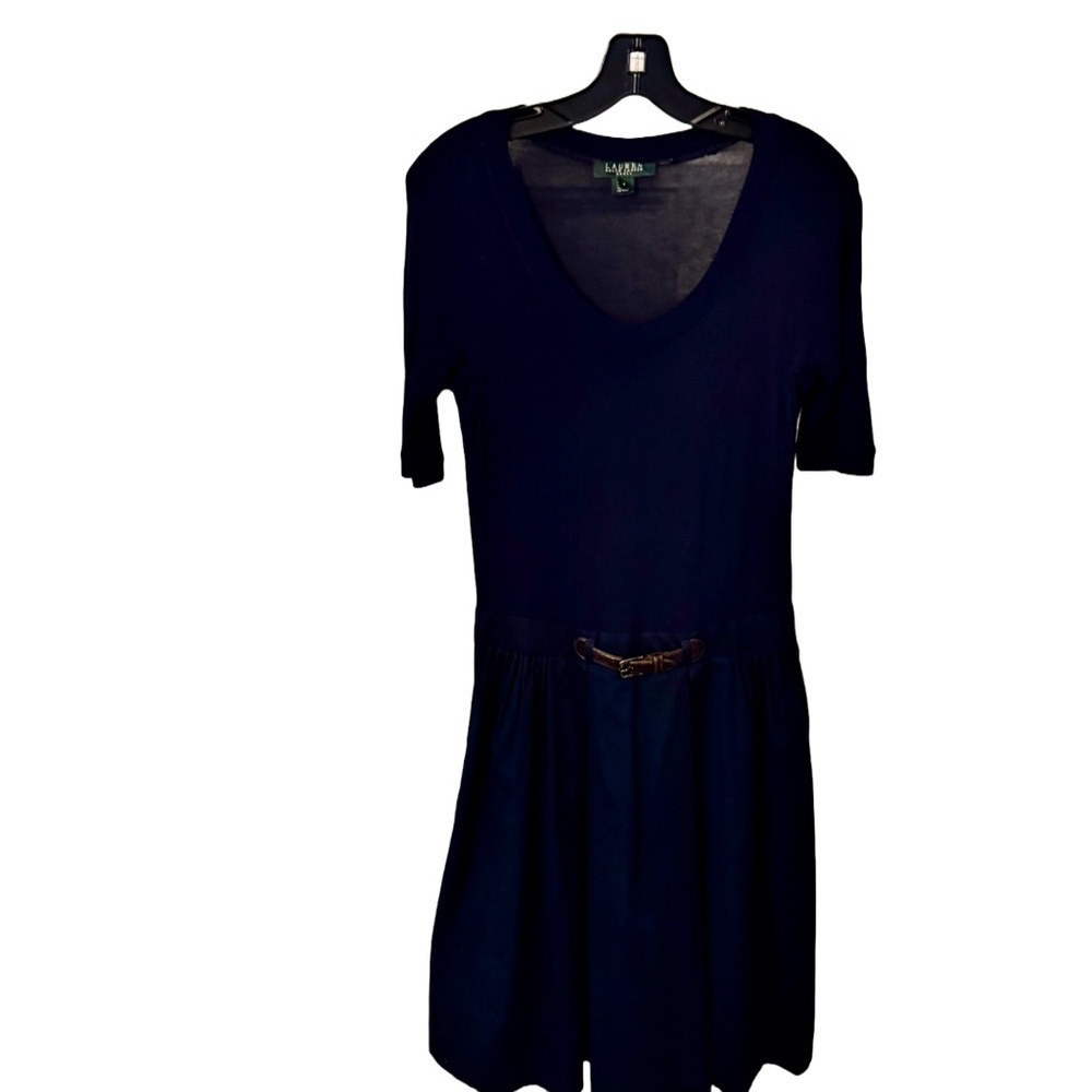 Lauren Ralph Lauren Women’s Navy Blue Belted Dress Scoop Neck equestrian Sz 4